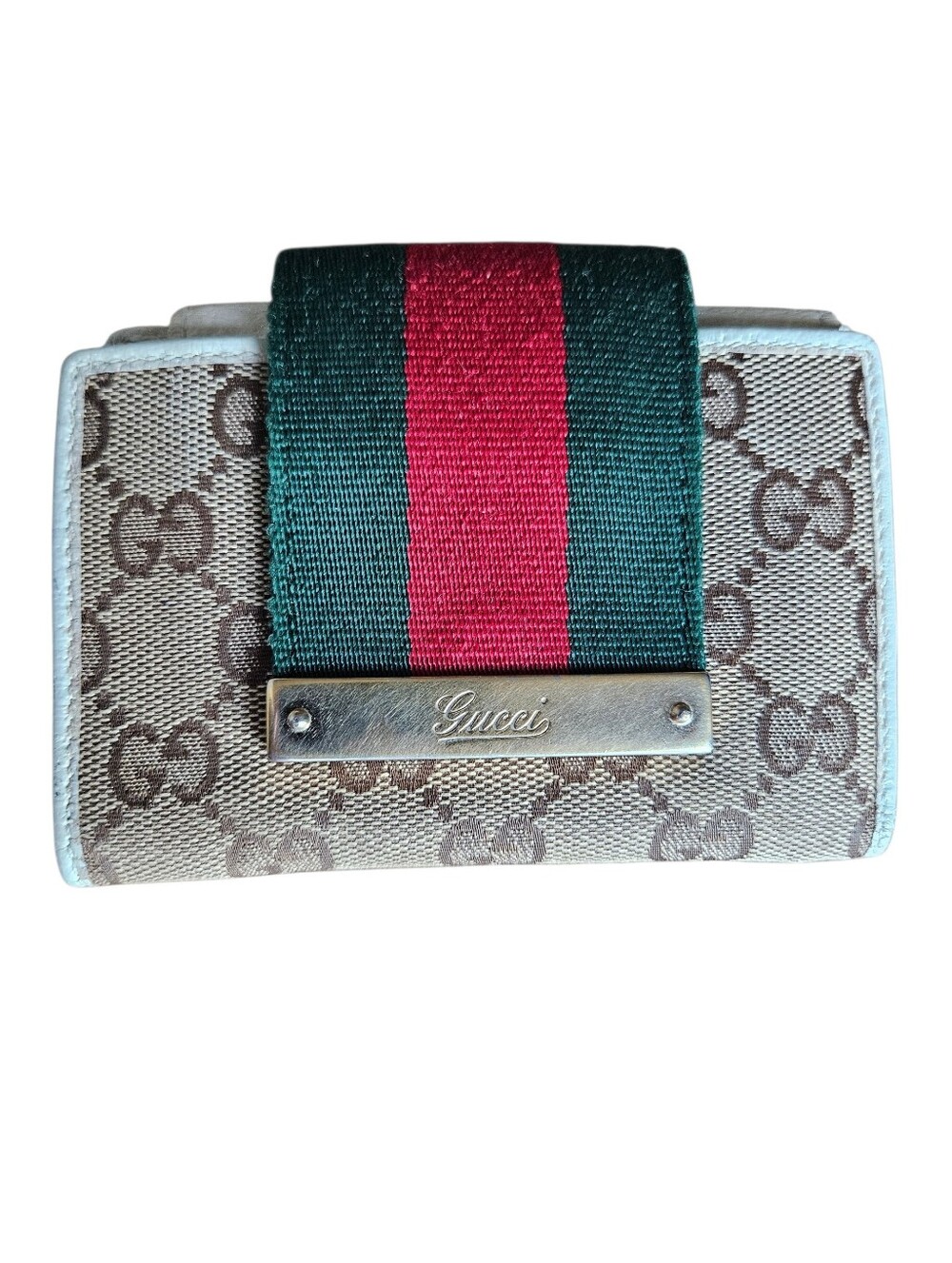 Gucci GG Logo Canvas Wallet White Tan Web Classic Green Red Stripe